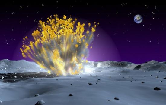 流星撞击月球想象图，撞击产生的爆炸在地球上都能看到。