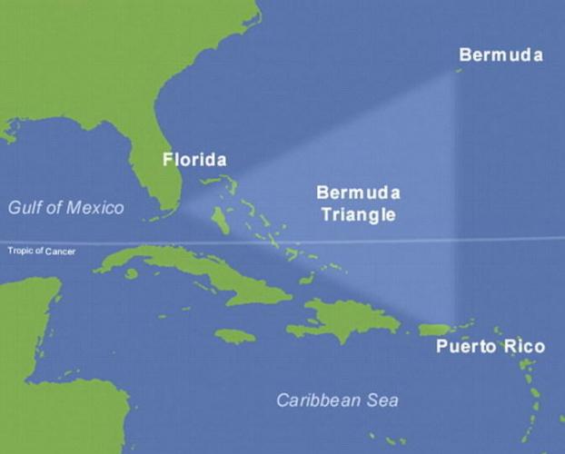 这种坑洞形成的原因可能也将解释百慕大三角地区神秘消失的飞机和船只，之前该区域曾出现船只神秘被“吞没”。图中是百慕大三角区域。