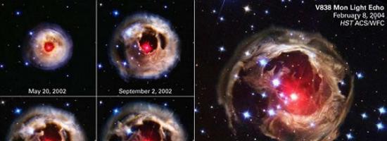 这是哈勃空间望远镜在2002~2004年之间拍摄的一系列图像，可以非常清楚的看到爆发的进程。