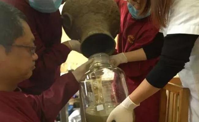 研究人员检验壶内液体。