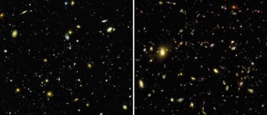 左侧是哈勃太空望远镜观察到的真实宇宙，右侧是软件模拟得到的宇宙。