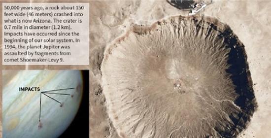 五万年前，46米直径的小行星撞击地球，留下了亚利桑那州的大型撞击坑
