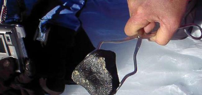 南极陨石搜寻计划的志愿者正在寻找陨石。该陨石上闪闪发光的熔变壳表明它可能是一个无球粒陨石。