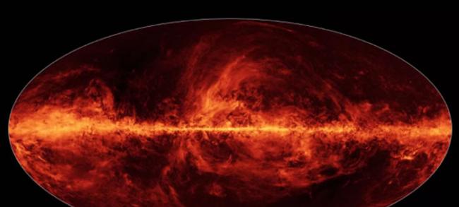 图中是欧洲航天局普朗克望远镜拍摄的巡天图像，炽热颜色区域代表了星系内及星系外的尘埃被偏振。