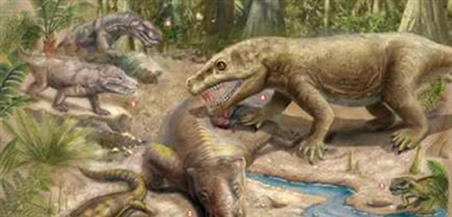 二叠纪长着犬牙厉齿的丽齿兽咬杀吞食大型植食兽足类，然而，两者都在二叠纪末大灭绝中灭亡。（郭肖聪）