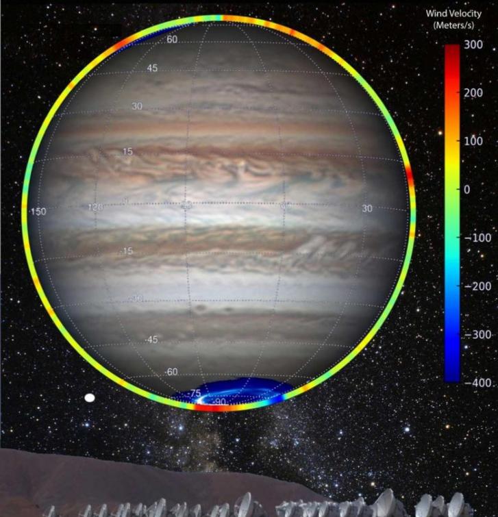 SwRI科学家合作进行了一项由法国领导的研究，确定了木星平流层中非常强大的极地风，在2017年3月22日的这张合成图像中表现出来。利用ALMA观测，该团队发现，