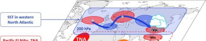 2020年6月长江流域破纪录强降水形成机制示意图 -Vor.: 相对涡度负异常; 蓝色箭头: 经过欧洲到达亚洲的大气波列活动; IO: 印度洋; TNA: 热带