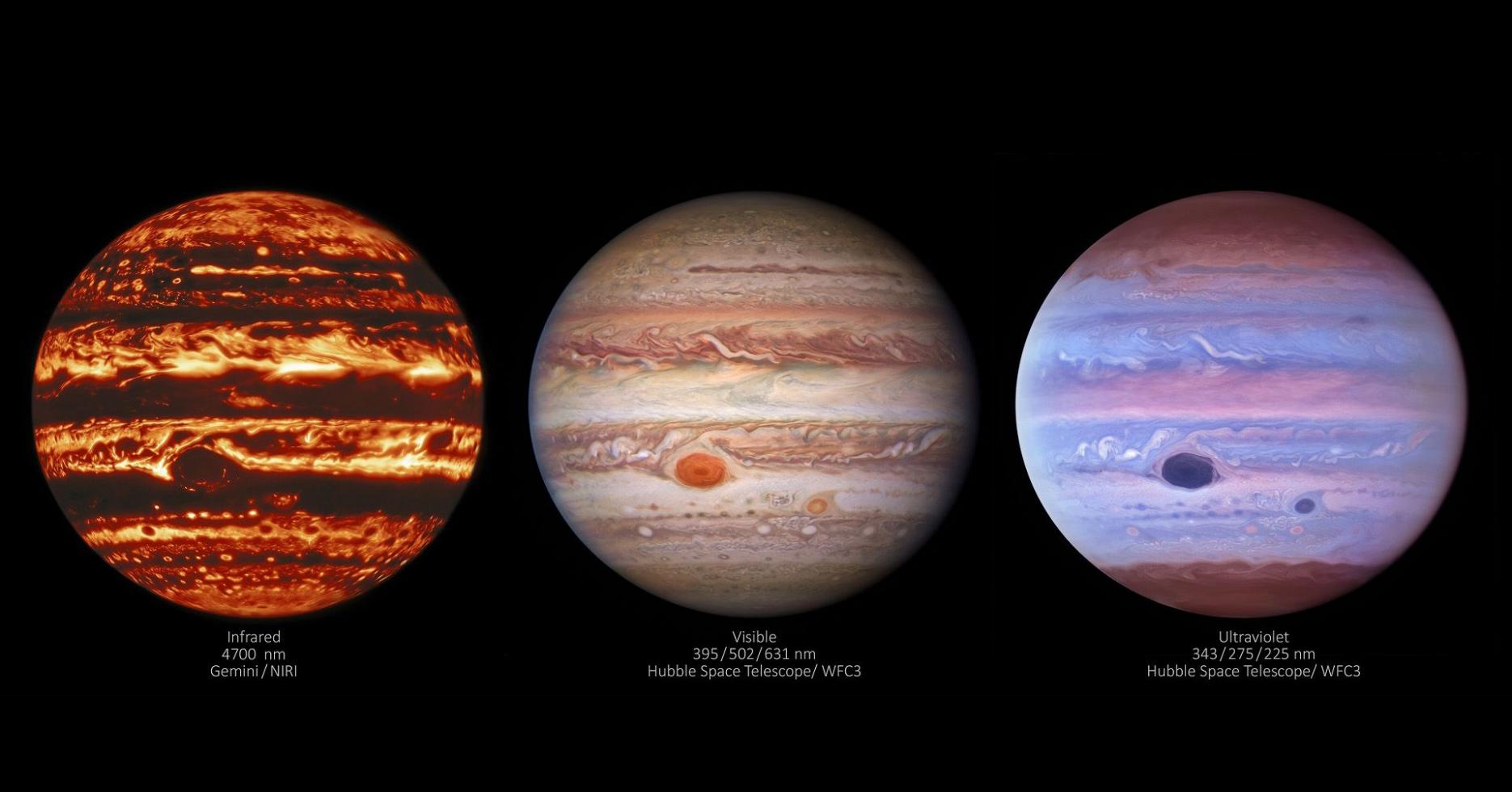 美国天文学家捕获木星在红外线、可见光和紫外线三个光谱带下的图像