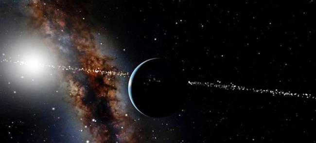 描绘以太阳为背景的俯视图，可以看到地球围绕太阳运行变亮，左侧为银河系。（图／翻摄美国自然史博物馆网站）
