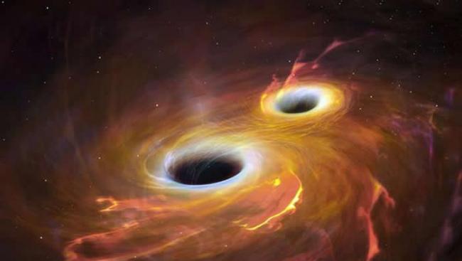 两个黑洞碰撞和合并的艺术渲染图