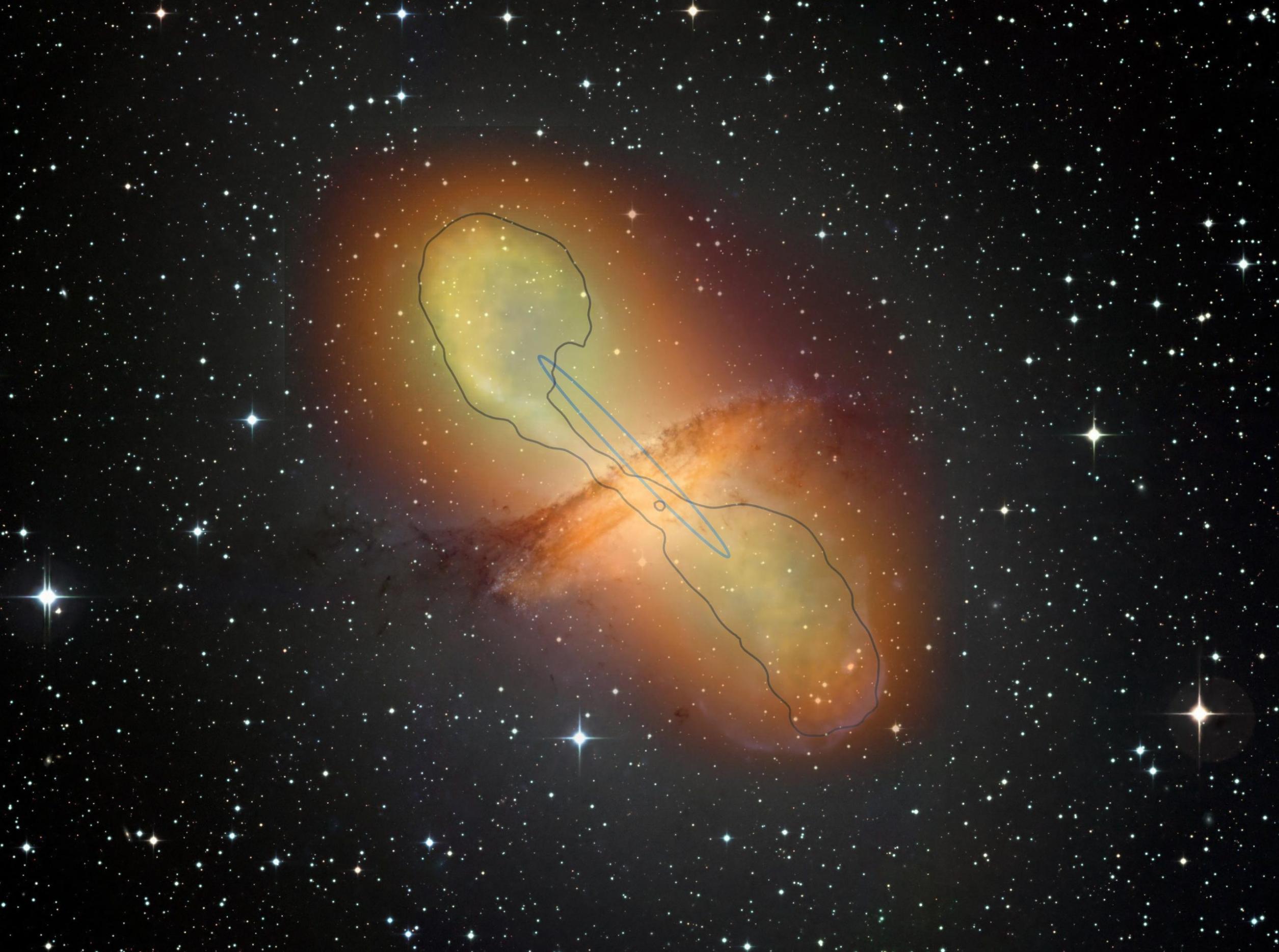 半人马座A的综合图像，显示了从该星系的中心黑洞中出现的喷流，以及相关的伽马辐射。